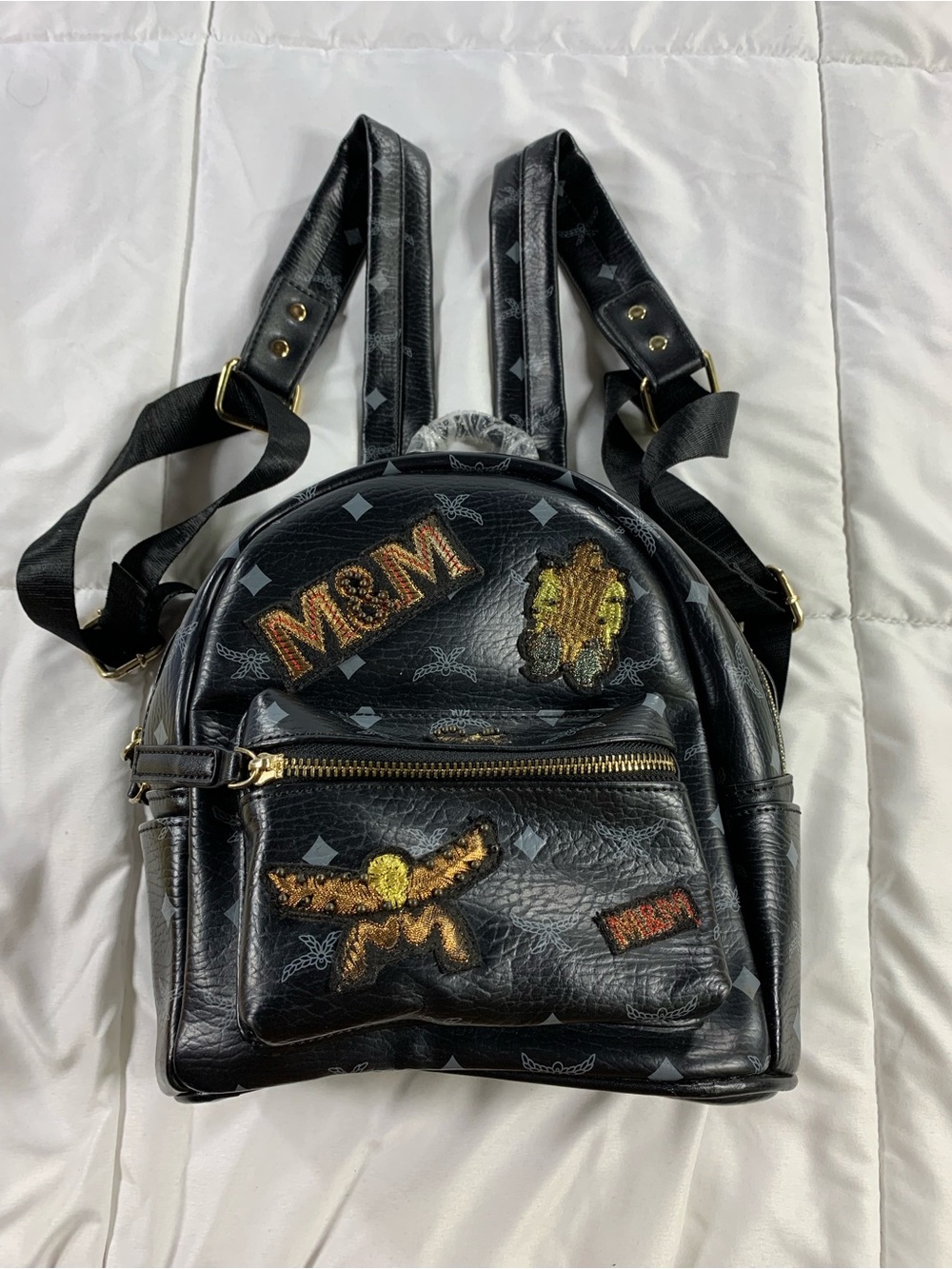 Pre loved Black Faux-Leather Embellished Mini Backpack